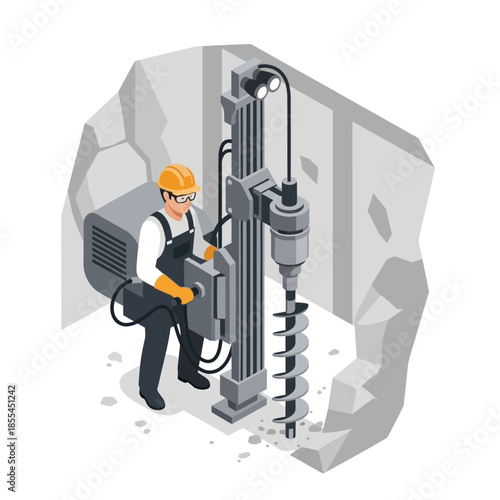 Isometric illustration of a miner operating a large drilling machine in an underground excavation.