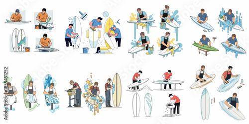 Surfboard Shaping, Repair, and Maintenance Process Illustration Set: A Collection of Craftsmen Working on Boards.