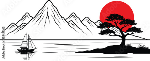 Minimalist mountain landscape with red sun, sailboat on calm water, serene nature scene, Japanese-inspired vector illustration design