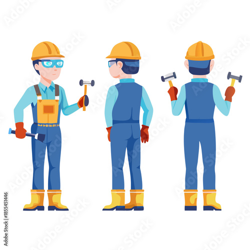 Technician worker wearing overall uniform, protective goggle holding hammer tool. Character for animation. Front, side and back view set. Body parts, postures, poses collection
