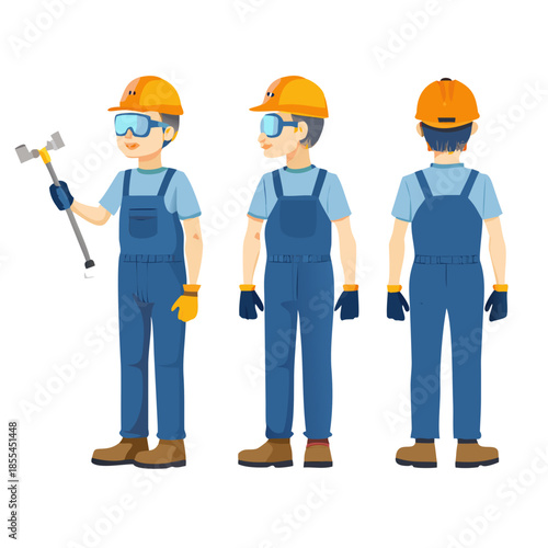 Technician worker wearing overall uniform, protective goggle holding hammer tool. Character for animation. Front, side and back view set. Body parts, postures, poses collection
