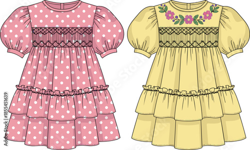 Girls' Tiered Ruffle Dress Design Illustration with Smocked Bodice, Puffy Sleeves, and Floral Embroidery or Polka Dot Print Vector Artwork