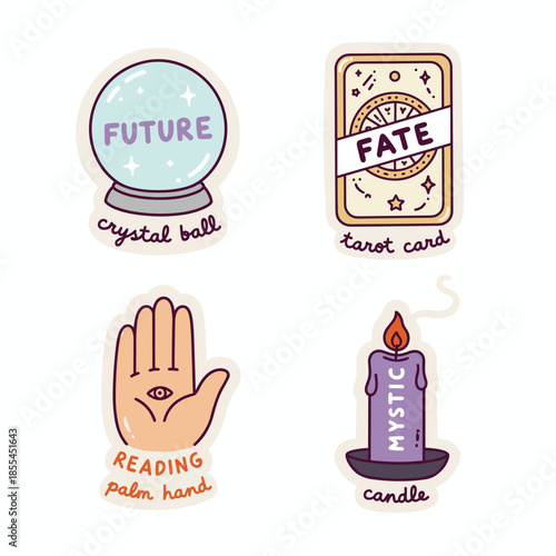 Mystical Fortune Telling Icons - Crystal Ball, Tarot Card, Palm Reading, Candle.