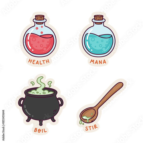 Cartoon Stickers of Health and Mana Potions, Cauldron, and Spoon.