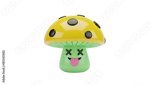 3D Cute cartoon mushroom character with funny face on transparent background
