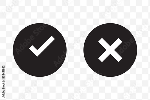 Right and wrong vector icon set rounded color black outline, flat rounded check mark, cross, x mark, circle shape thin line tick mark symbol. Approval and rejection signs isolated on white background