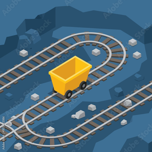 Isometric view of a yellow mining cart on winding tracks inside a dark cave or mine, with scattered rocks.