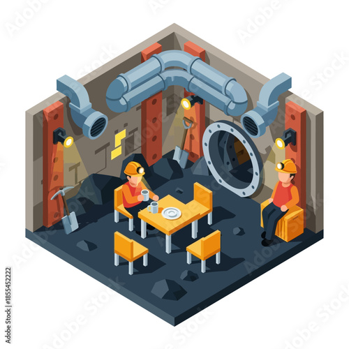 Isometric illustration of two miners taking a break at a table in an underground coal mine, surrounded by mining equipment and coal piles.