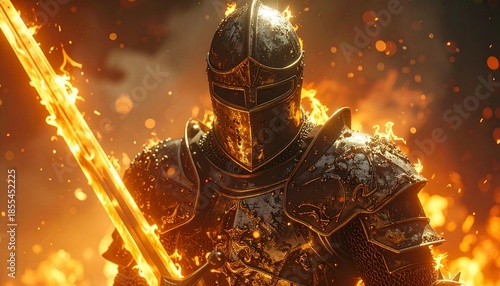 A captivating close-up digital illustration of a detailed medieval knight in glowing, sparkling armor, engulfed by magical flames, fiercely wielding a brilliant, fiery sword