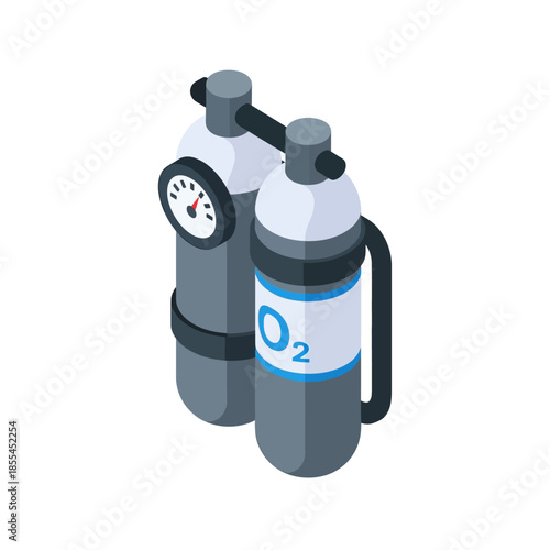 Isometric illustration of two oxygen tanks, one with a pressure gauge and the other labeled O2, used for diving or medical purposes.