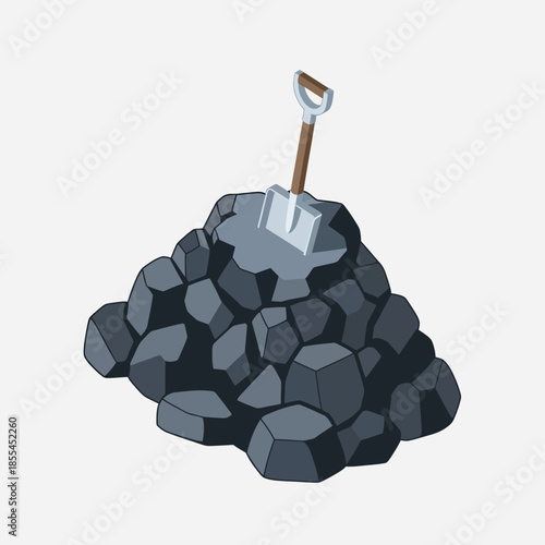Illustration of a pile of dark rocks or coal with a shovel stuck into the top, on a white background.