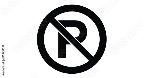 A black and white no parking sign with a circular frame and diagonal line