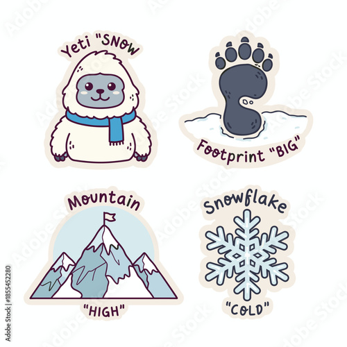 Cute Winter Stickers Featuring Yeti, Footprint, Mountain, and Snowflake Designs.