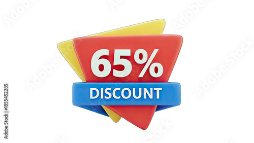 3D 65% Discount Tag with Red Yellow Blue Geometric Shapes on transparent background