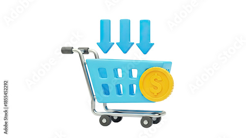3D Shopping Cart with Downward Arrows and Dollar Coin on transparent background