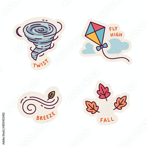Weather elements sticker set featuring wind, tornado, kite, and falling leaves.