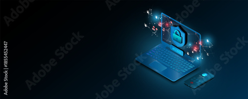 Laptop technology background image, communication network security protection concept