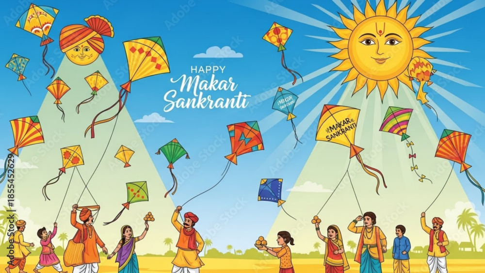 Obraz premium Happy makar sankranti people flying colorful kites in sky with sun