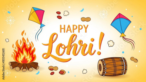 Happy lohri festival celebration with kites, fire, and drum on yellow background