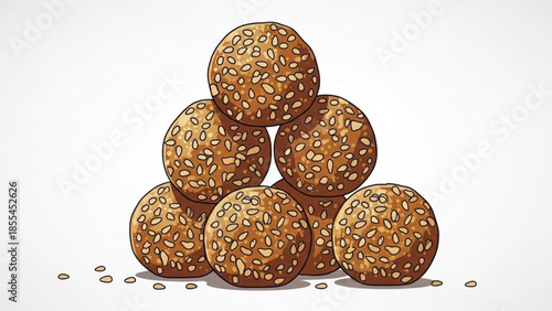 A pyramid stack of seven sesame seed balls on a white background with scattered seeds