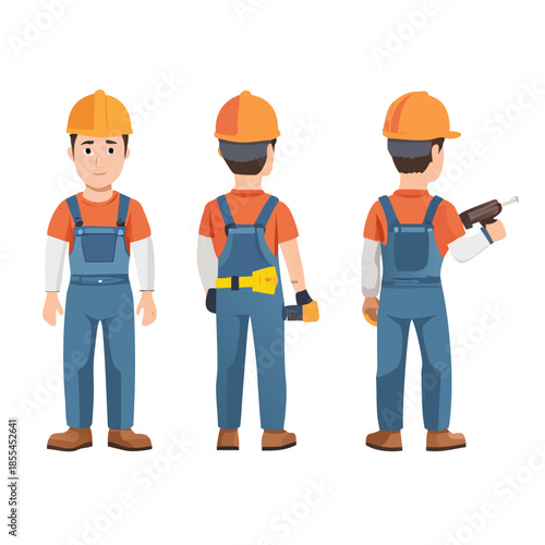 Industrial maintenance worker wearing helmet, overall uniform holding drill tool. Character for animation. Front, side and back view set. Body parts, postures, poses collection. Vector illustration.
