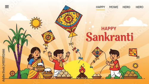 Happy sankranti, indian festival kite flying, people celebrating, sunny day, traditional