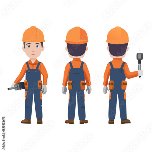 Industrial maintenance worker wearing helmet, overall uniform holding drill tool. Character for animation. Front, side and back view set. Body parts, postures, poses collection. Vector illustration.
