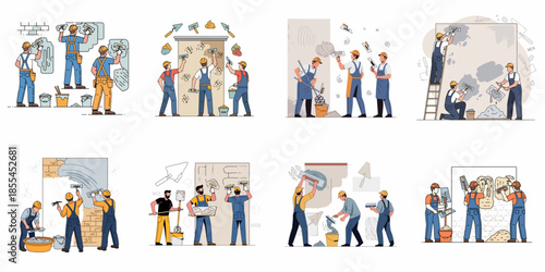 Plastering and Masonry Work Scenes. Construction Workers Applying Mortar, Mixing Cement, and Renovating Walls with Professional Tools.