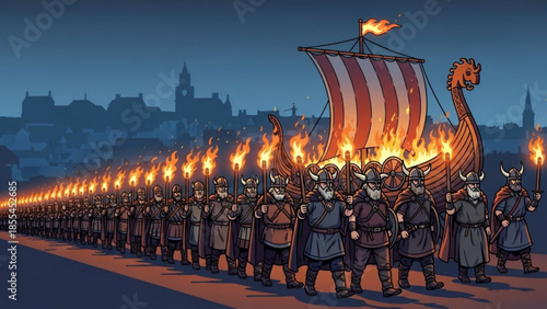 Viking warriors marching with torches and dragon ship at dusk with cityscape