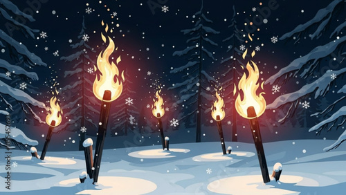 Torches lit in snowy forest at night with snowflakes falling