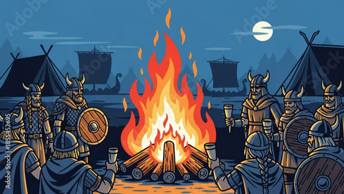 Viking warriors gathered around a campfire in a medieval norse village under a full moon