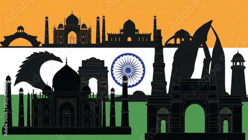 Indian landmarks and monuments in black silhouette against tricolor flag background