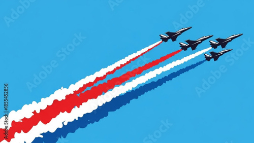 Four fighter jets flying in formation with red white and blue smoke trails high in sky