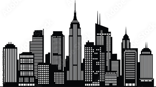 Modern City Skyline Black Silhouette Vector Illustration Featuring Skyscrapers and Urban Architecture Isolated on White Background