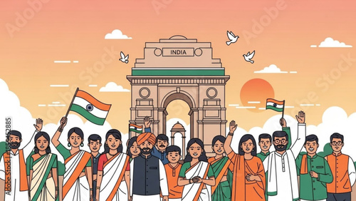 Indian people celebrate with flags in front of india gate at sunset with white doves flying