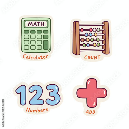 Math Learning Tools - Calculator, Abacus, Numbers, and Addition Sign.