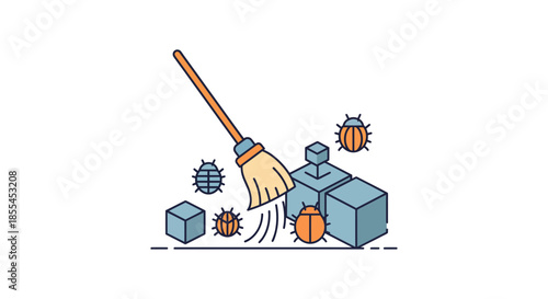 Broom sweeping away bugs from blocks representing cleaning and fixing issues.
