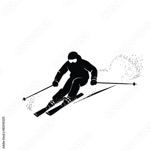 A cartoon-style skier in black attire speeds down a snowy slope with a dynamic motion, conveying a sense of thrill and adventure against a clean white background.