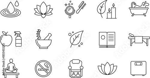 Outline Vector Icon Set Representing Wellness Spa Therapy Healthy Eating Meditation Beauty Treatments and Natural Holistic Healthcare Concepts