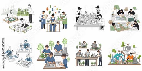 Architects and planners creating scale models of buildings and landscapes, illustrating the collaborative process of architectural and urban design projects.