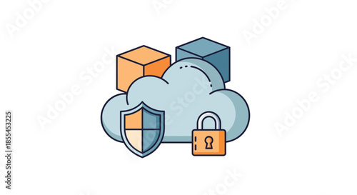 Cloud computing security concept with shield and padlock protecting data storage.