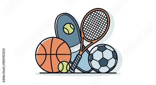 Collection of sports equipment including basketball tennis and soccer balls.