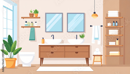 A modern and clean bathroom interior with a double vanity, two sinks, mirrors, and shelves filled with toiletries and plants, bathed in natural light.