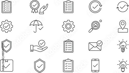 Outline Vector Icon Set Representing Verification Quality Assurance Checkmarks Completed Tasks Certified Standards and Professional Approval Status Symbols