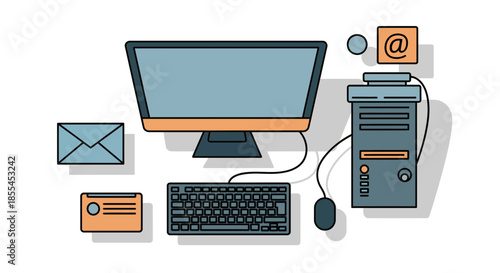 Computer setup with monitor keyboard mouse and email icons for digital communication.