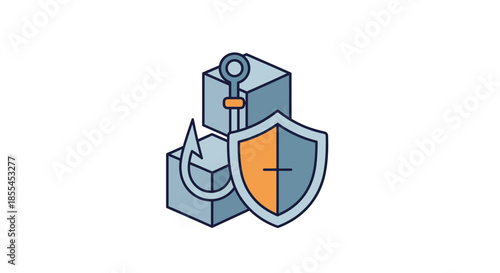 Cybersecurity concept with shield hook and blocks representing data protection.