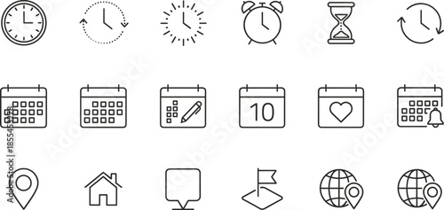 Outline Vector Icon Set Representing Time Management Scheduling Calendar Planning Appointments Global Navigation Maps and Location Tracking Concepts