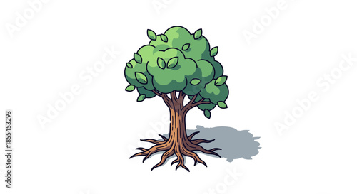 Detailed illustration of a vibrant green tree with a sturdy trunk and roots casting a shadow.