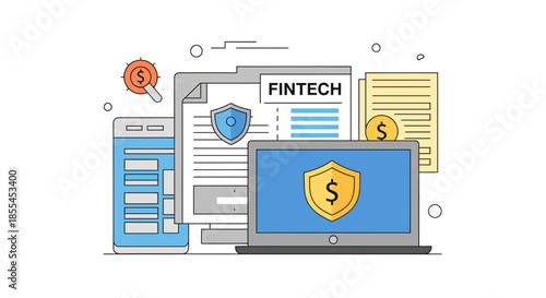 Fintech security illustration depicting digital finance and data protection.