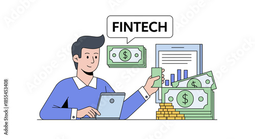 Fintech professional analyzing financial data and managing digital transactions with laptop.